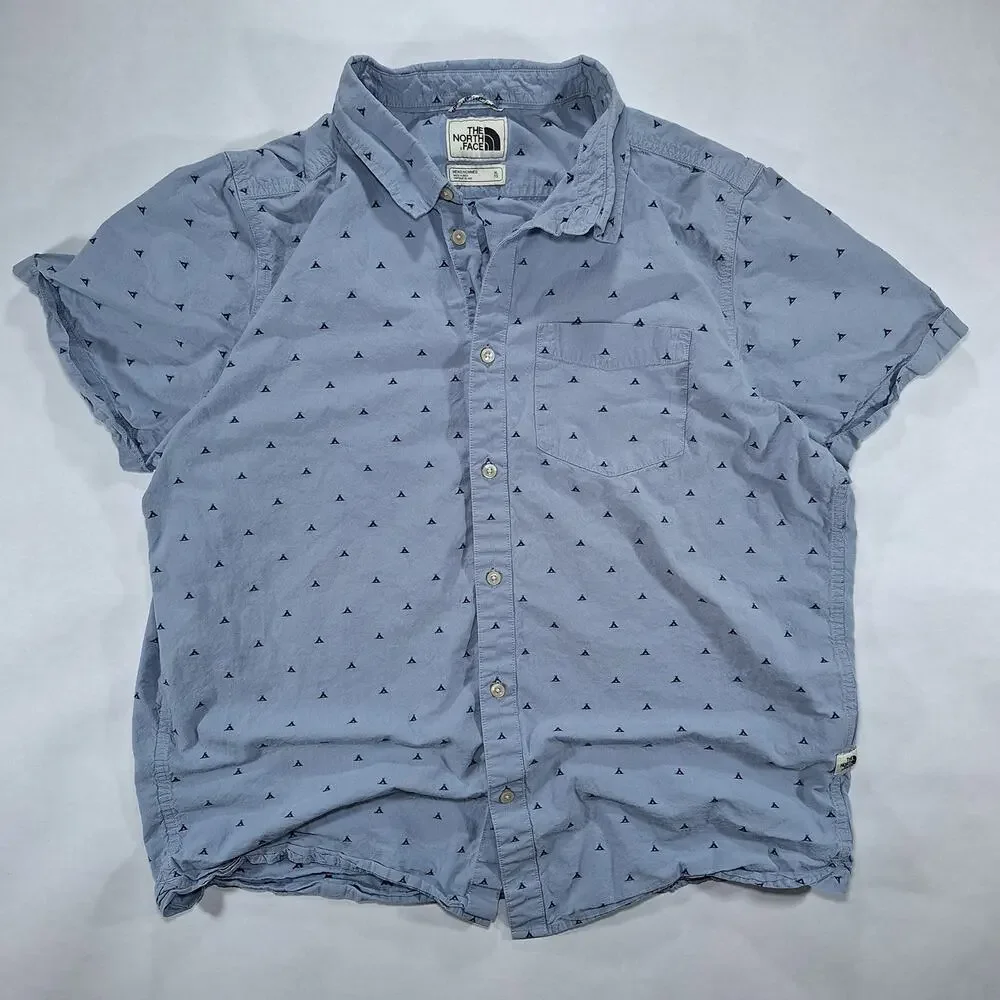 The North Face Shirt Mens XL Blue Geometric Short Sleeve Button Up Outdoor